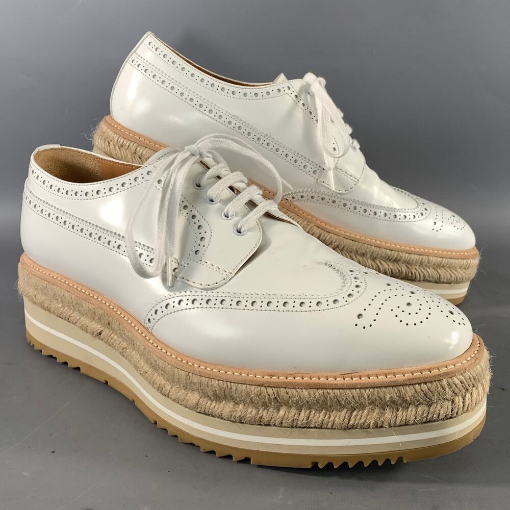 PRADA Size 10 White Tan 2EG015 9 Leather Platform Lace Up Shoes